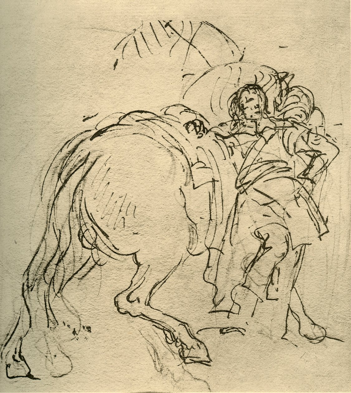 En rytter støttet på hesten sin, ca 1740-tallet, 1928 av Giovanni Battista Tiepolo