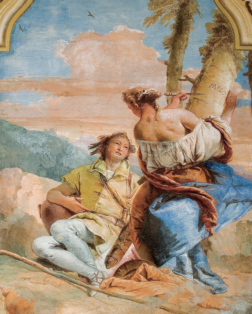 Angelica Carving Medoros Name into a Tree, fra rommet til Orlando Furioso i Palazzina, 1757 av Giovanni Battista Tiepolo