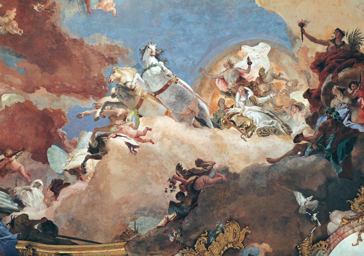 Apollo i sin solvogn kjører Beatrice I (1145-84) til Frederick I Barbarossa (1122-90) detalj fra taket i Imperial Room (fresco) av Giovanni Battista Tiepolo