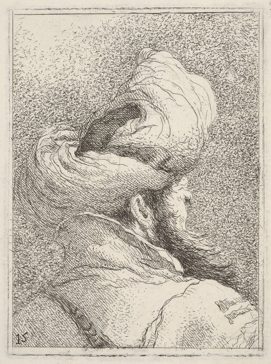 Skjegget mann iført turban, avbildet i bystelengde bakfra i trekvart vi..., ca. 1770. av Giovanni Battista Tiepolo