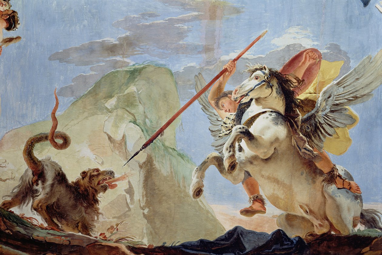 Bellerophon, rir Pegasus, dreper Chimaera, detalj av takfresken, se også 64554 av Giovanni Battista Tiepolo