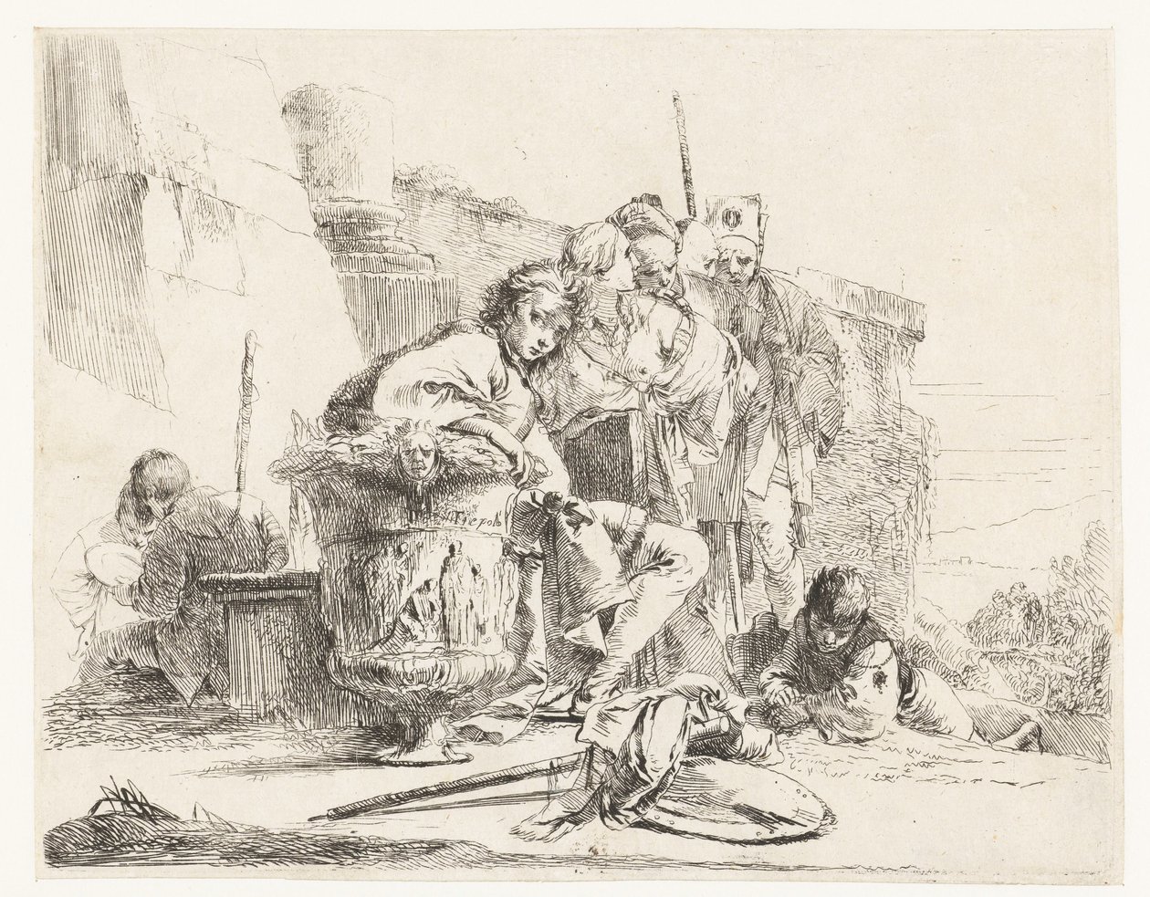Gutt som sitter ved siden av en vase med noen andre mennesker av Giovanni Battista Tiepolo