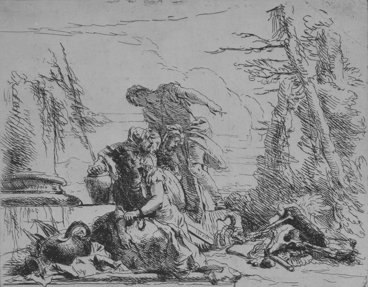 Lenket kvinne og andre figurer angående en pyre av bein, fra Capricci, 1743. av Giovanni Battista Tiepolo