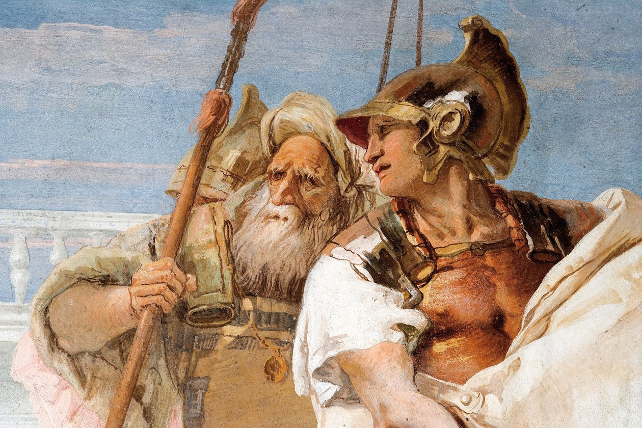 Detalj av Aeneas, fra Aeneid presenterer Amor, forkledd som Ascanius, til Dido, fra Aeneidens rom i Palazzina, 1757 av Giovanni Battista Tiepolo