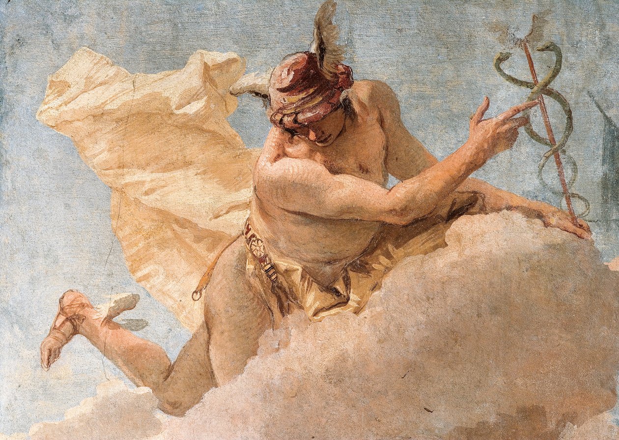 Detalj av Merkur, fra Merkur som formaner Aeneas til å forlate Kartago, fra Aeneidens rom i Palazzina, 1757 av Giovanni Battista Tiepolo