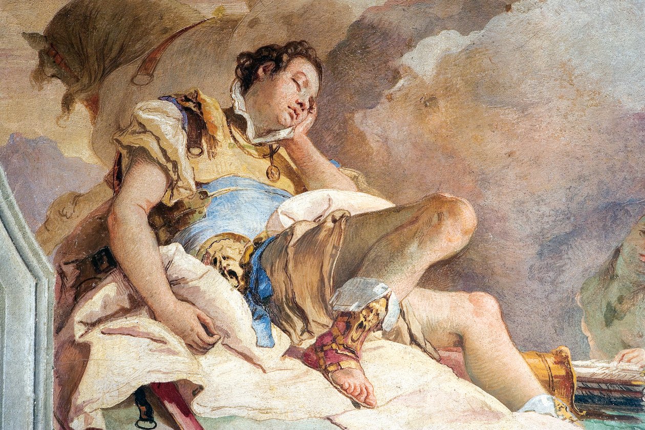 Detalj av Rinaldo, fra Armida som bortfører den sovende Rinaldo, fra Jerusalems rom levert i Palazzina, 1757 av Giovanni Battista Tiepolo