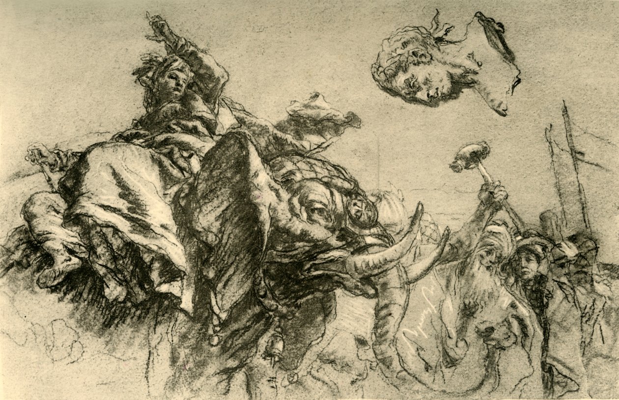 Østlig kvinne på en elefant. En byste av romerske keisere, 1752-1753, 1928 av Giovanni Battista Tiepolo