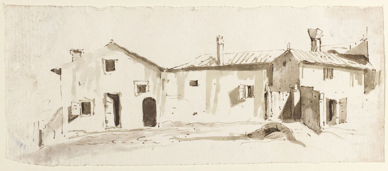 Gårdsbygninger med åpne dører, bro og port av Giovanni Battista Tiepolo