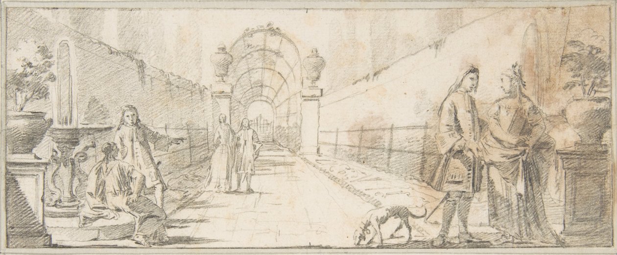Illustrasjon til en bok: Figurer i samtale i en hage av Giovanni Battista Tiepolo