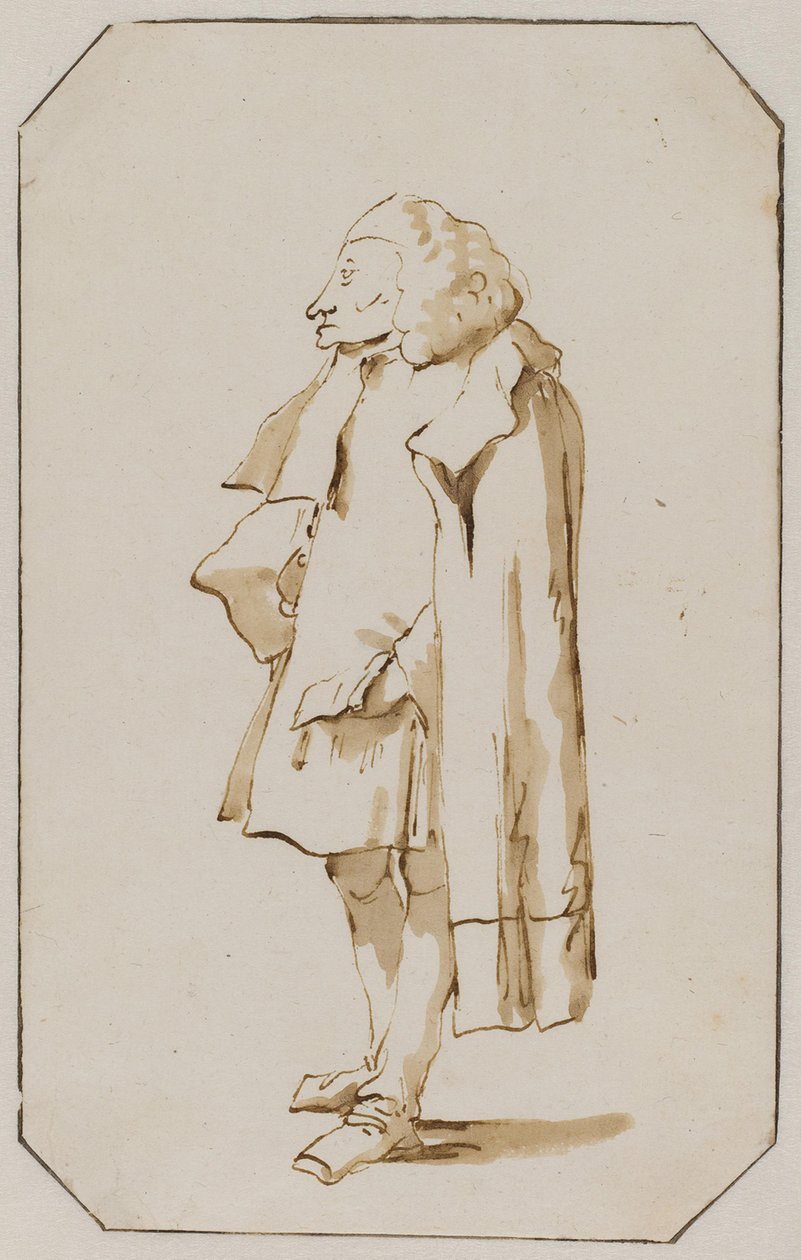 Karikatur av en mann som står oppreist i en kappe av Giovanni Battista Tiepolo