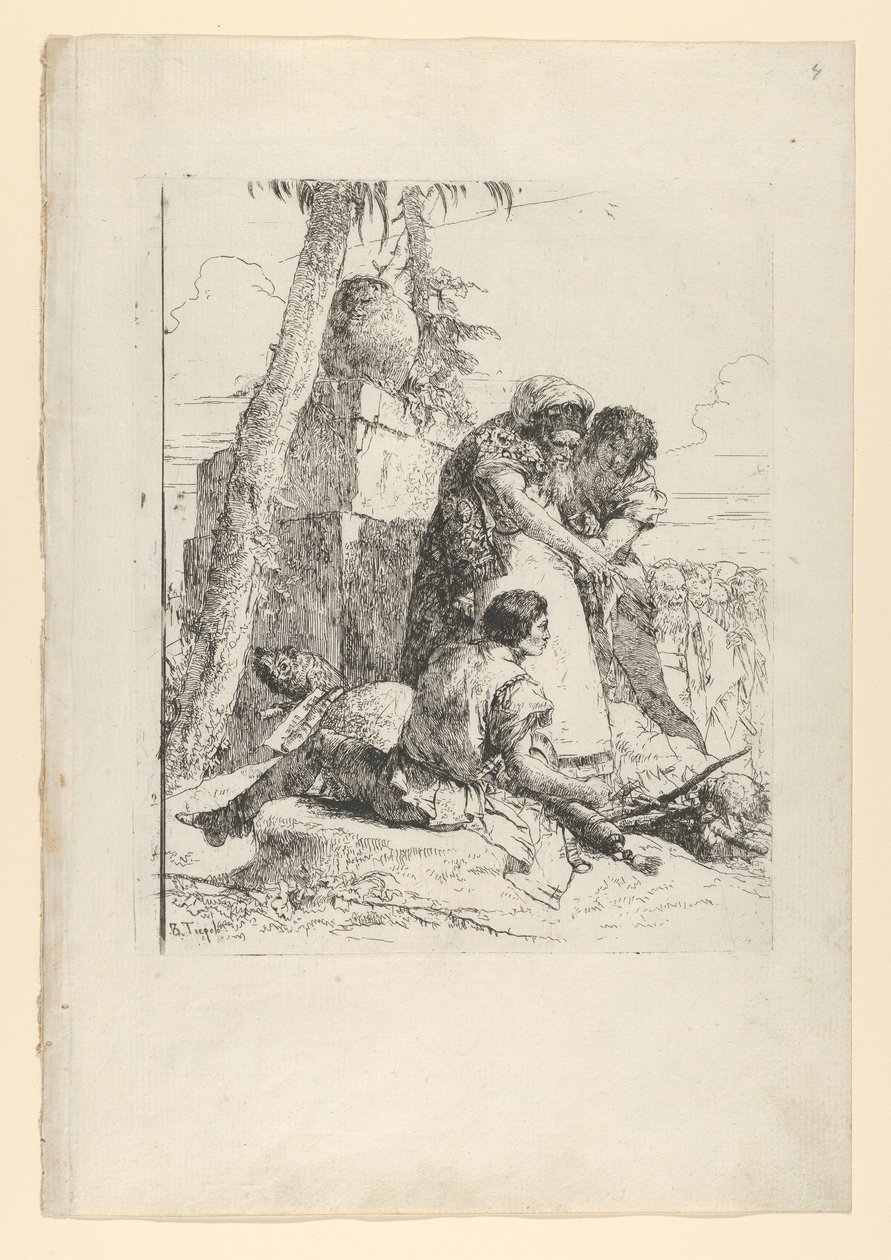 Magiker som peker ut et brennende hode til to ungdommer, fra Scherzi, ca. 1743-50. av Giovanni Battista Tiepolo