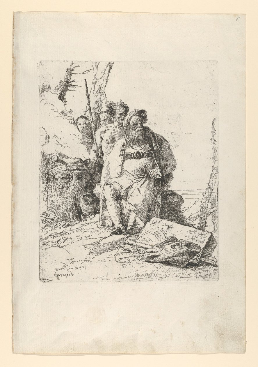 Magiker med fire figurer nær et rykende alter, fra Scherzi, ca. 1743-52. av Giovanni Battista Tiepolo