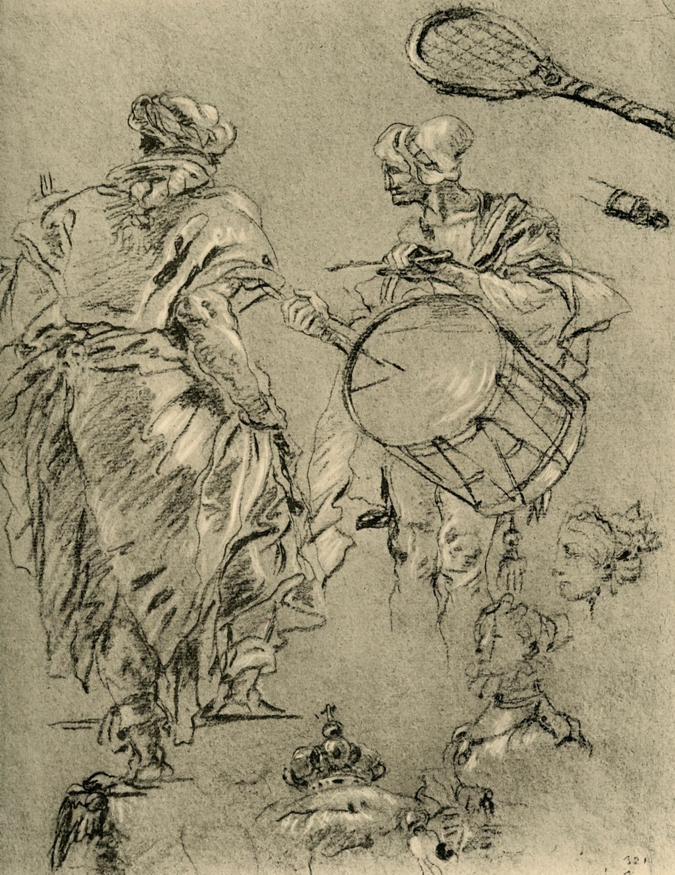 Mann sett bakfra, trommeslager og små studier, 1751-1752, 1928 av Giovanni Battista Tiepolo