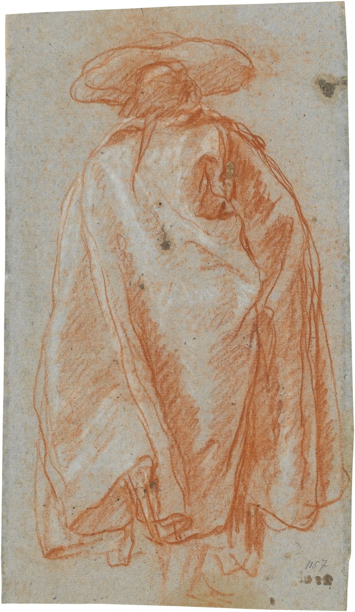 Mann in Mantel und Hut von rückwärts gesehen; verso: Studie eines linken Armes av Giovanni Battista Tiepolo