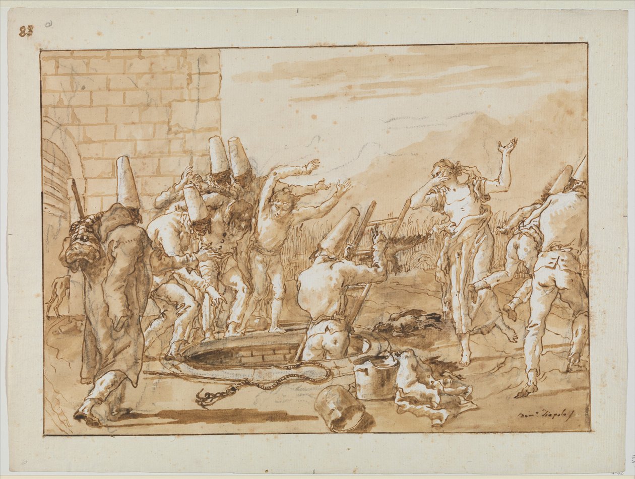 Punchinello henter døde fugler fra en brønn, ca. 1800 av Giovanni Battista Tiepolo