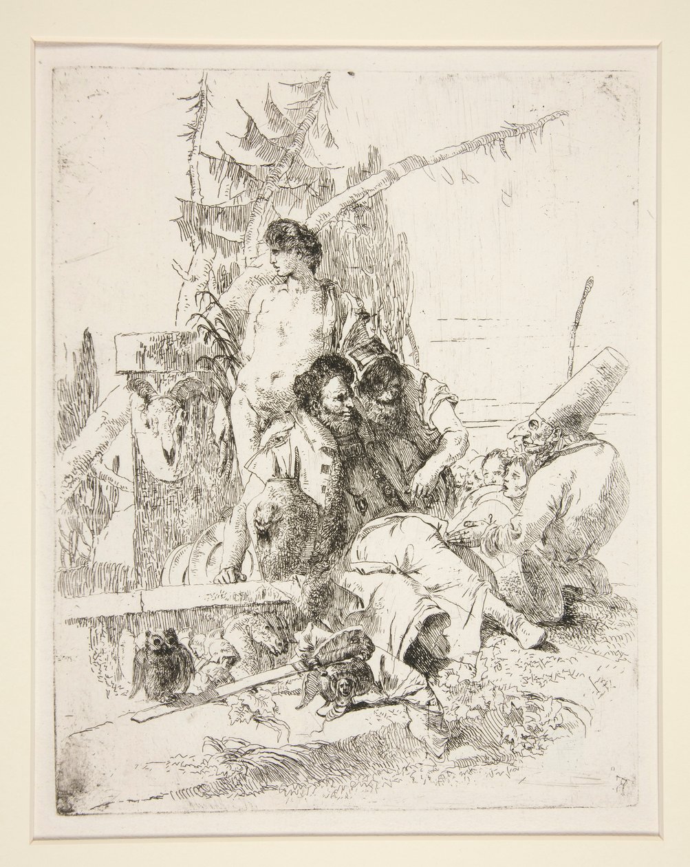 Punchinello snakker med de to magikerne, fra serien Scherzi di Fantasia av Giovanni Battista Tiepolo
