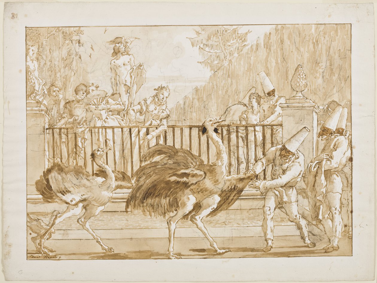 Punchinello med strutsene, ca. 1800 (penn og lysebrunt blekk (sannsynligvis bistre) og pensel vask over svart kritt på lagt papir) av Giovanni Battista Tiepolo