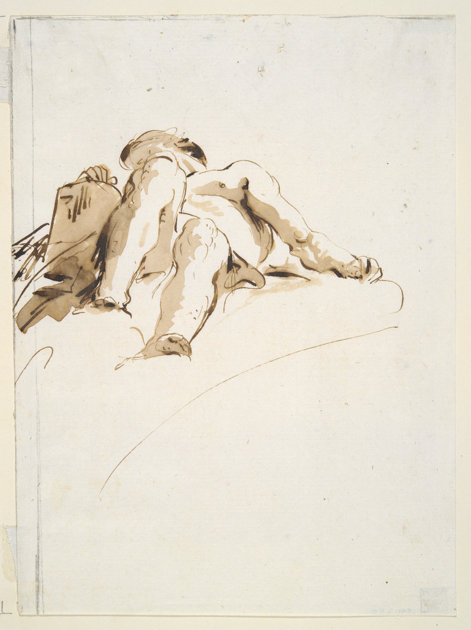 Liggende naken mann med høyre hånd hvilende på en steintavle, sett nedenfra av Giovanni Battista Tiepolo