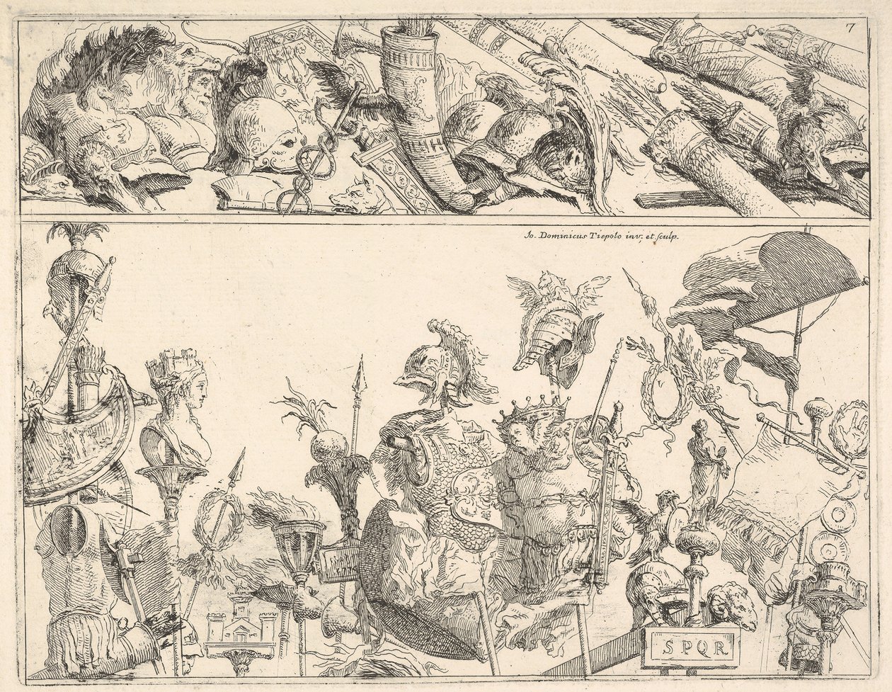Romerske våpen, standarder og trofeer, en komposisjon delt inn i to horisontale bånd, 1774. av Giovanni Battista Tiepolo