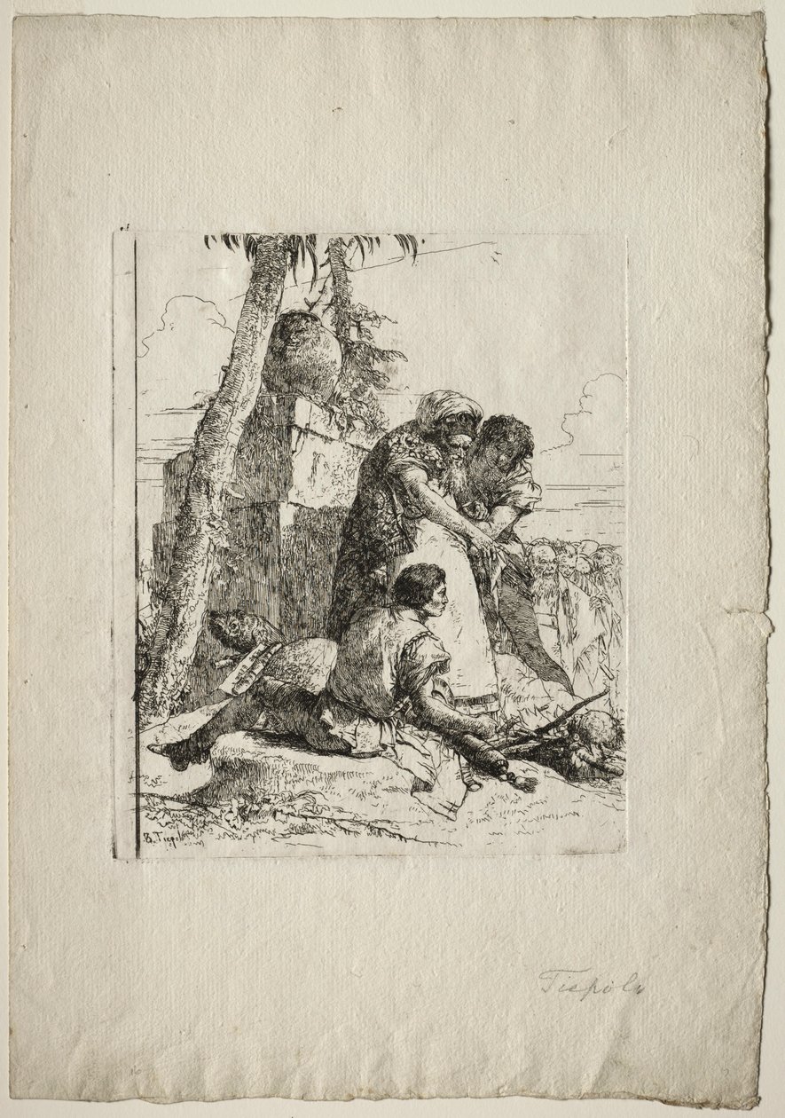 Scherzi di Fantasia: Magiker som peker ut et brennende hode til to ungdommer, 1750-tallet. av Giovanni Battista Tiepolo