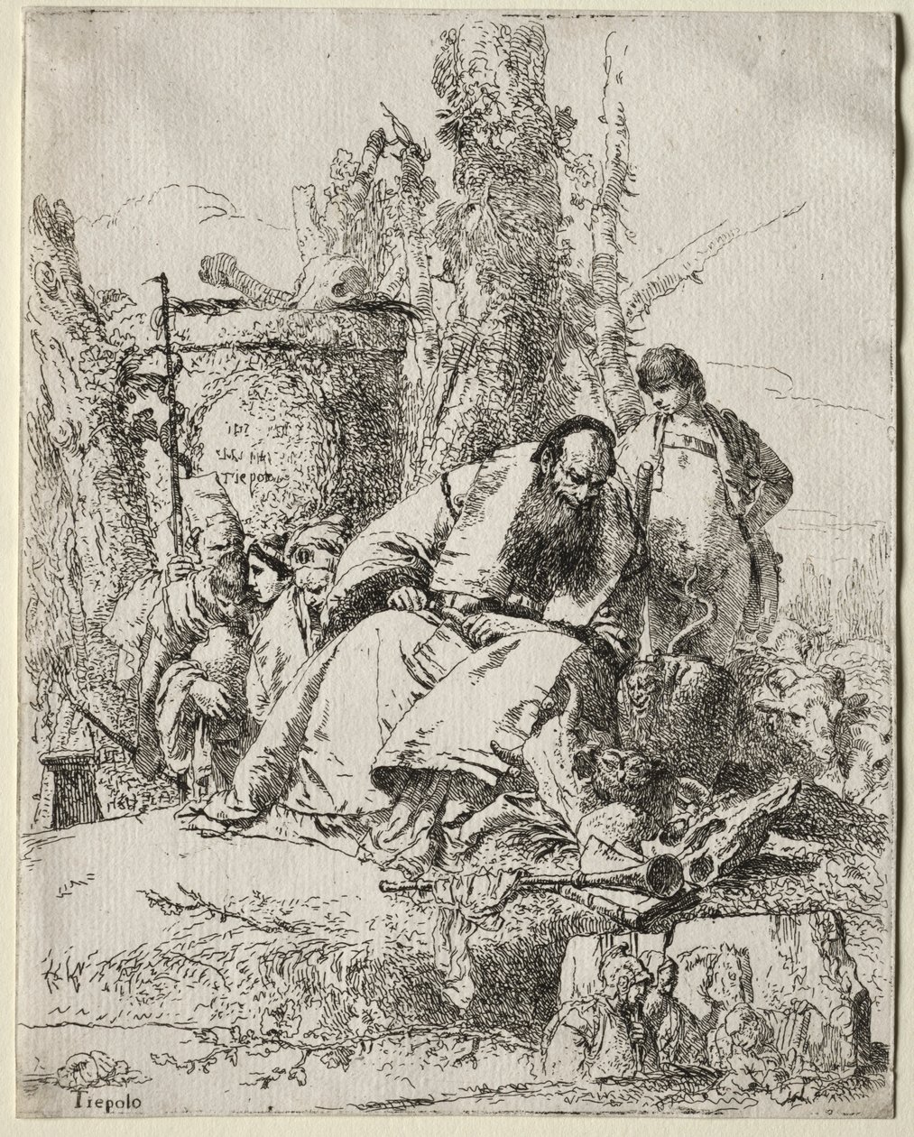 Scherzi: sittende tryllekunstner, gutt og fire figurer, 1735-40. av Giovanni Battista Tiepolo