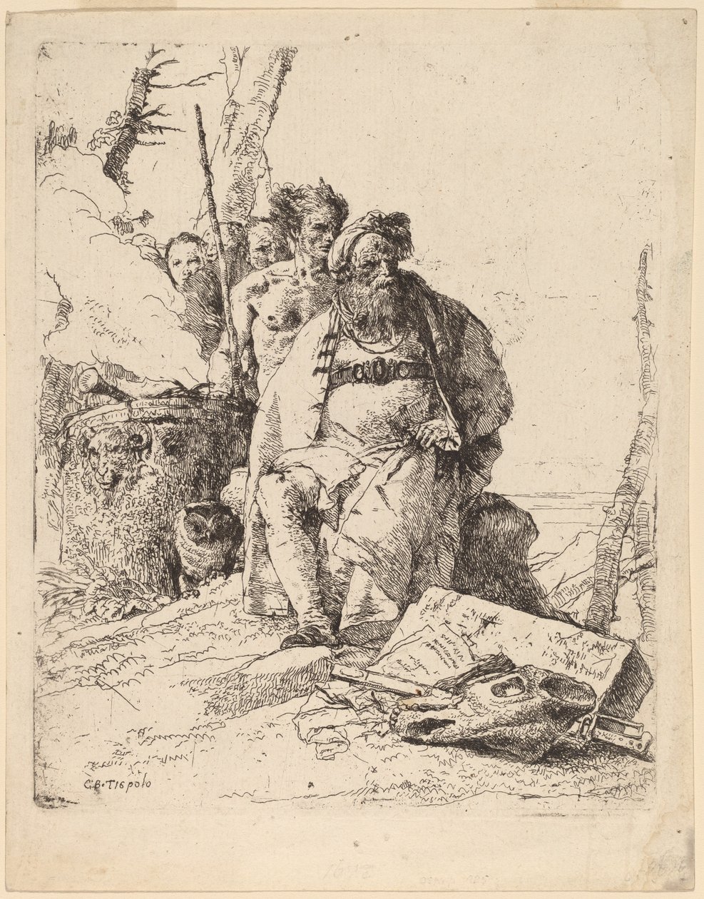 Sittende tryllekunstner med andre figurer ved siden av et alter av Giovanni Battista Tiepolo