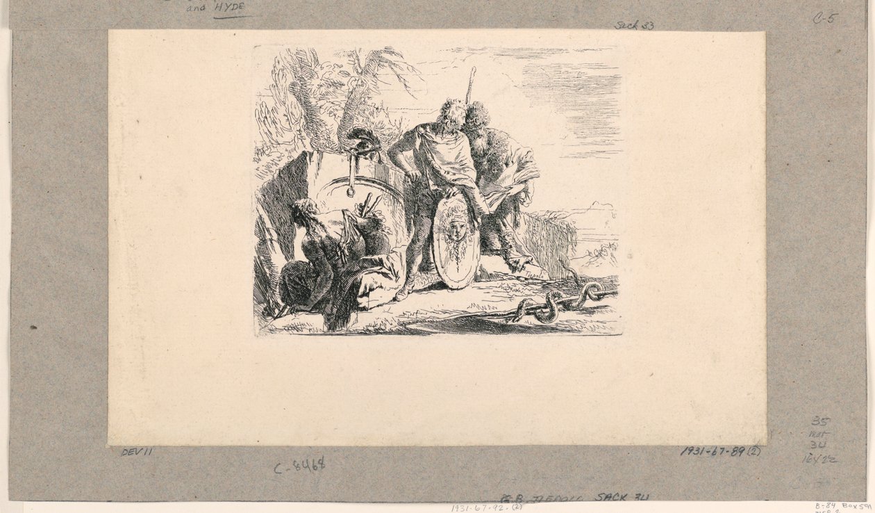 Sittende kvinne, ung soldat og magus, fra Vari Capricci av Giovanni Battista Tiepolo