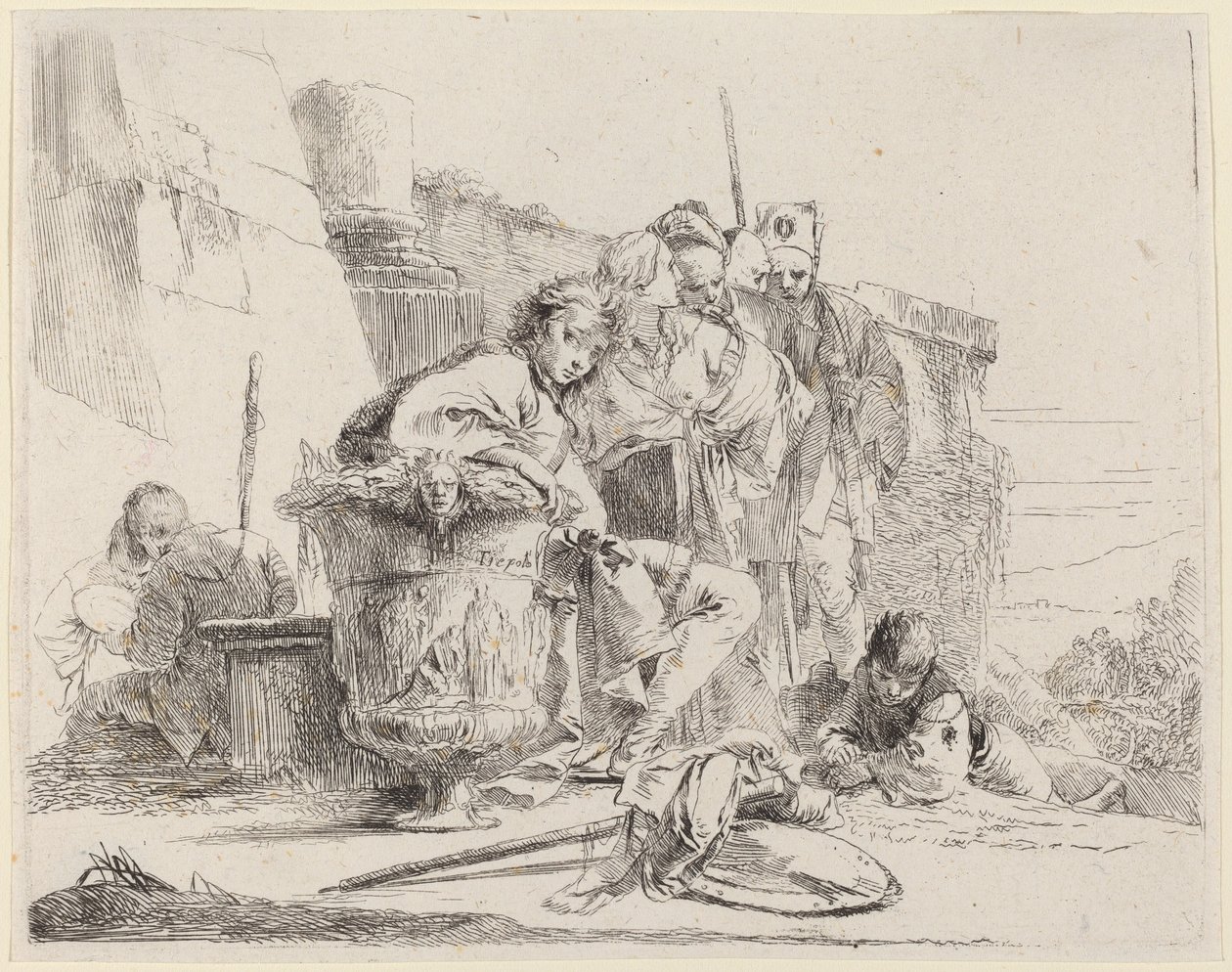 Sittende ungdom lener seg mot en urne av Giovanni Battista Tiepolo