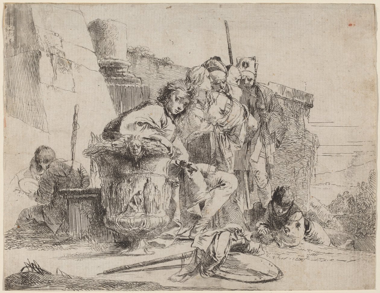 Sittende ungdom lener seg mot en urne av Giovanni Battista Tiepolo