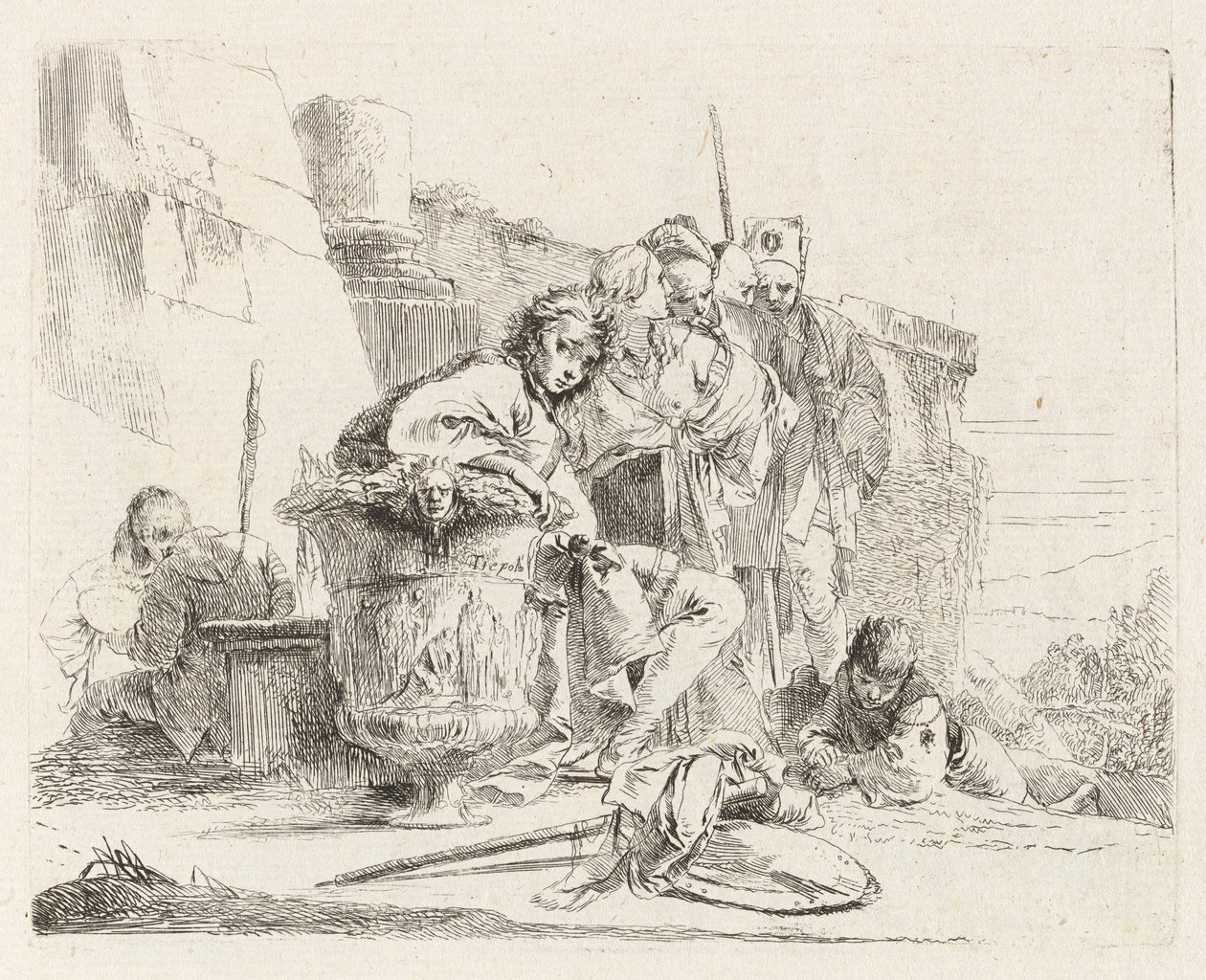 Sittende ungdom lener seg mot en urne, fra Vari capricci (Various Capriccios) av Giovanni Battista Tiepolo