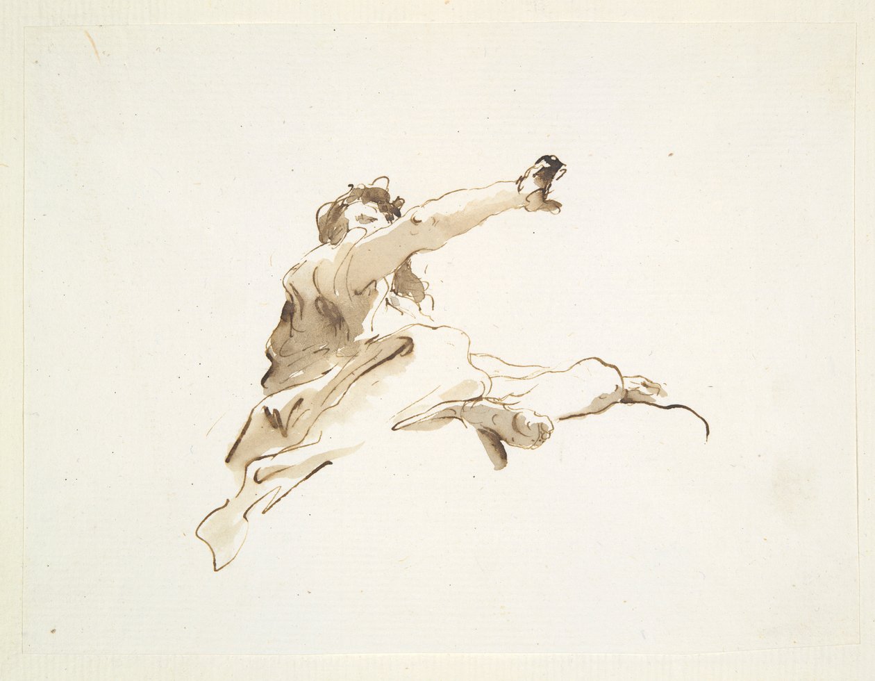 Sittende figur med hodet vendt mot venstre og høyre arm hevet, sett nedenfra av Giovanni Battista Tiepolo