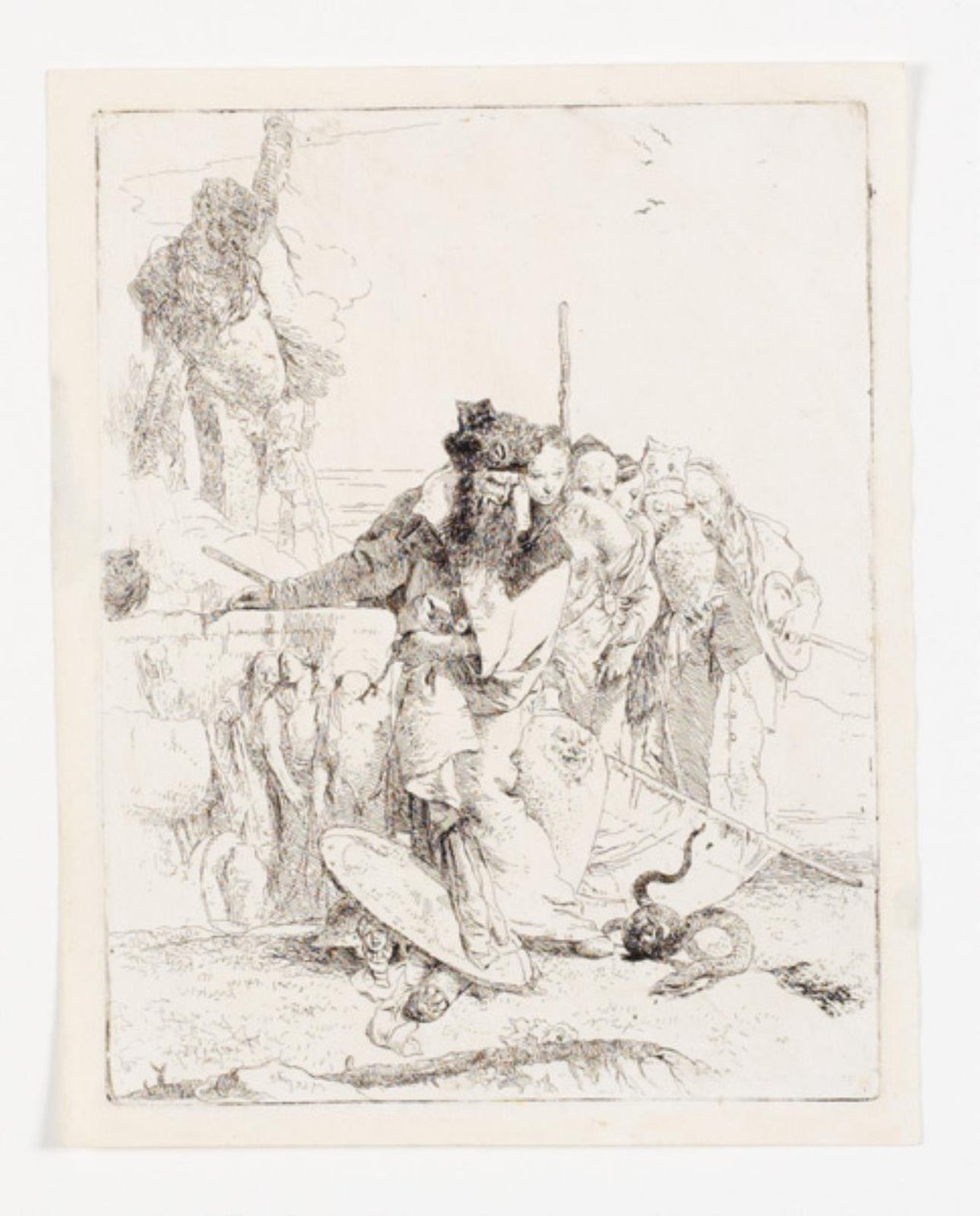 Seks personer ser på en slange. Ark fra serien Scherzi di fantasia. (Rizzi 15; De Vesme 24) av Giovanni Battista Tiepolo