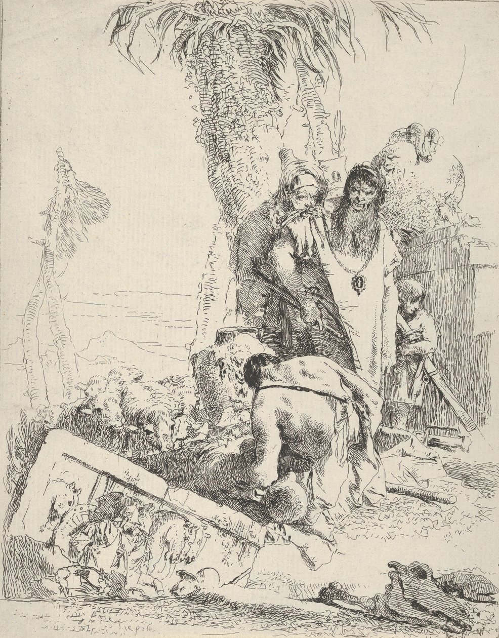 Hyrde med to tryllekunstnere, fra Scherzi, ca. 1743-57. av Giovanni Battista Tiepolo