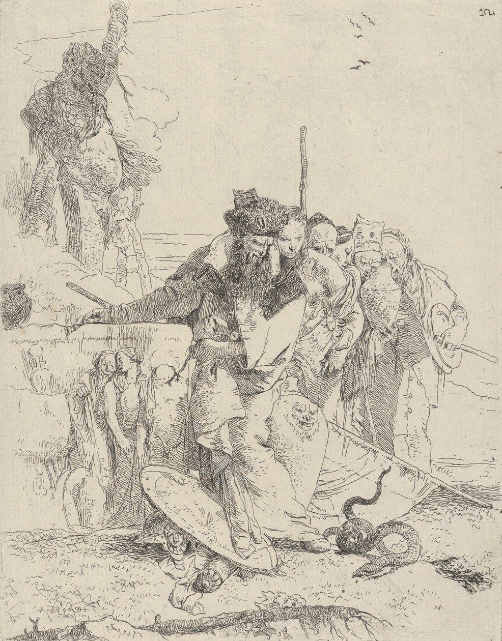 Seks personer ser på en slange, fra Scherzi, ca. 1743-50. av Giovanni Battista Tiepolo