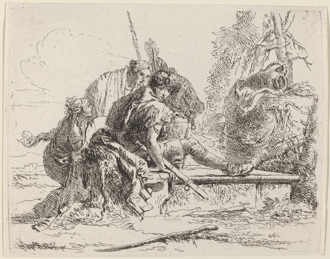Soldat sitter på en grav med figurer rundt av Giovanni Battista Tiepolo