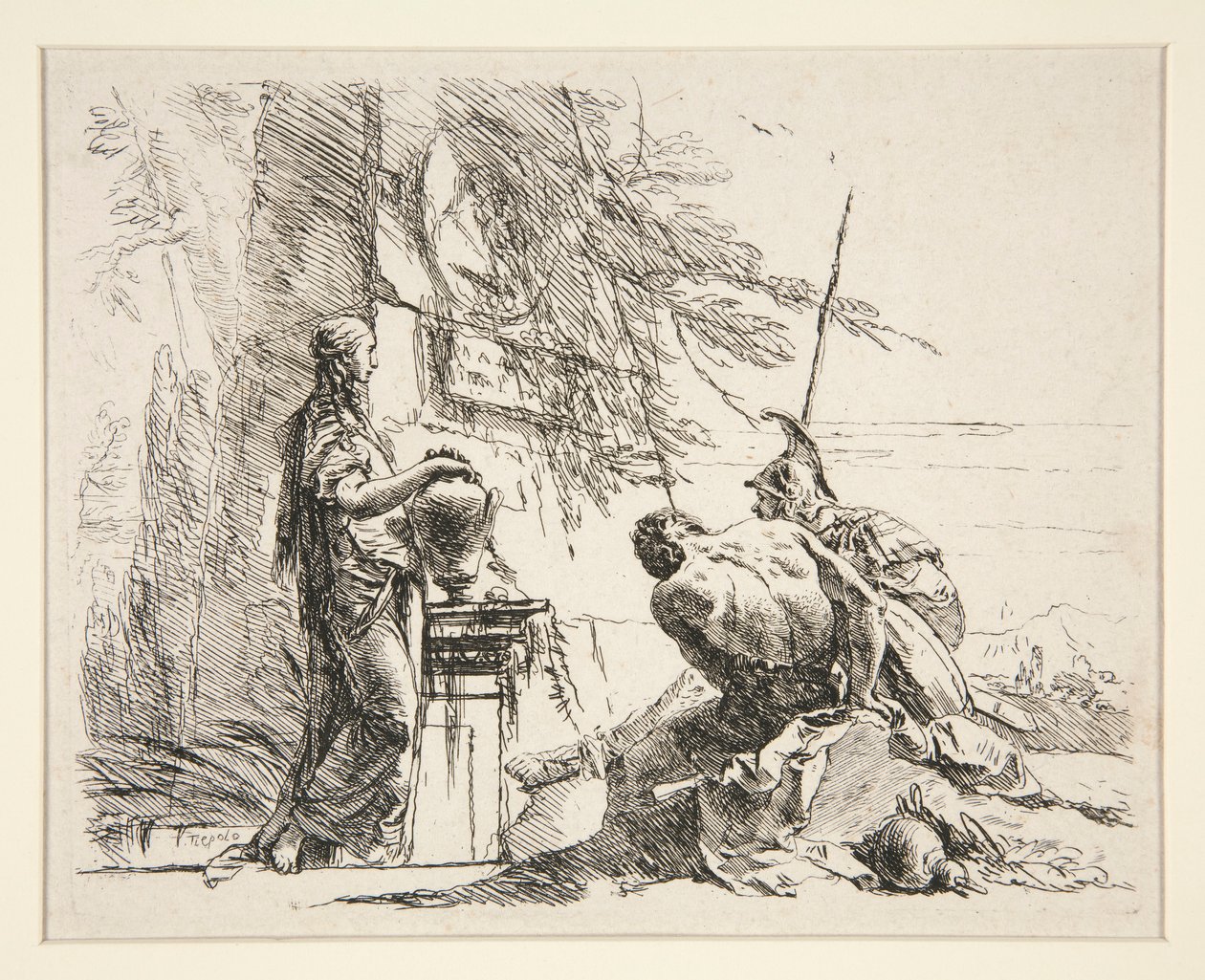 Stående kvinne og sittende mann foran en obelisk, fra serien Vari Capricci av Giovanni Battista Tiepolo