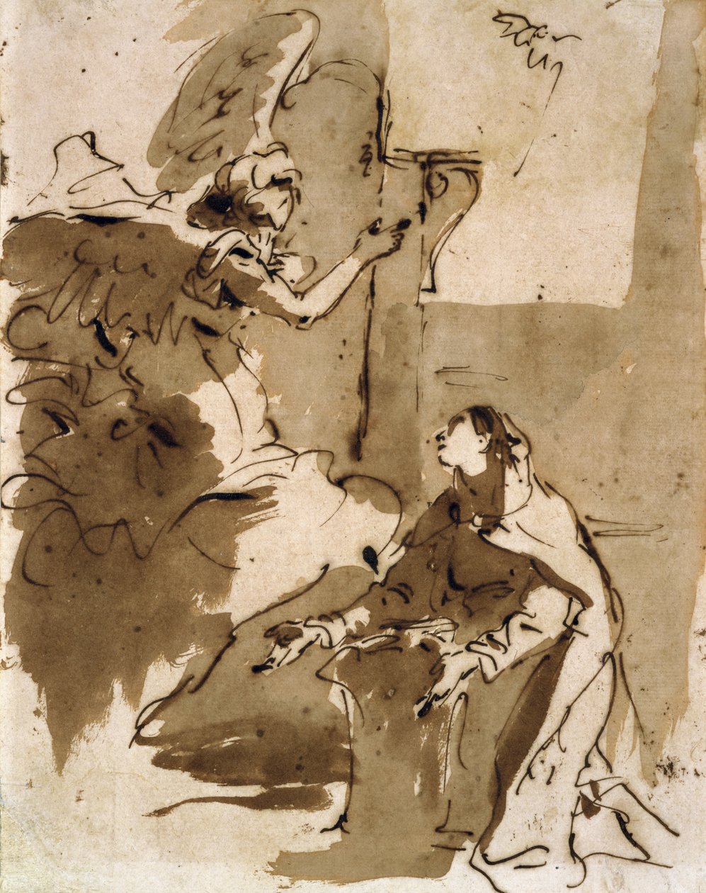 Bebudelsen (penn og brunt blekk og brun vask på papir) av Giovanni Battista Tiepolo