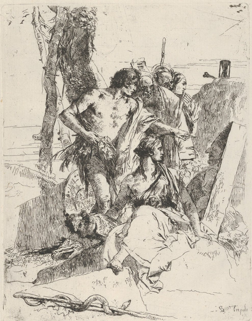 Oppdagelsen av graven til Punchinello, fra Scherzi, ca. 1743-50. av Giovanni Battista Tiepolo