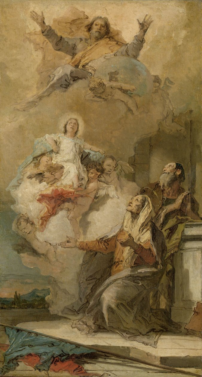 Den ulastelige unnfangelsen (Joachim og Anna mottar jomfru Maria fra Gud Faderen) Jomfru Maria presentert for Sts Joachim og Anna av Gud Faderen av Giovanni Battista Tiepolo