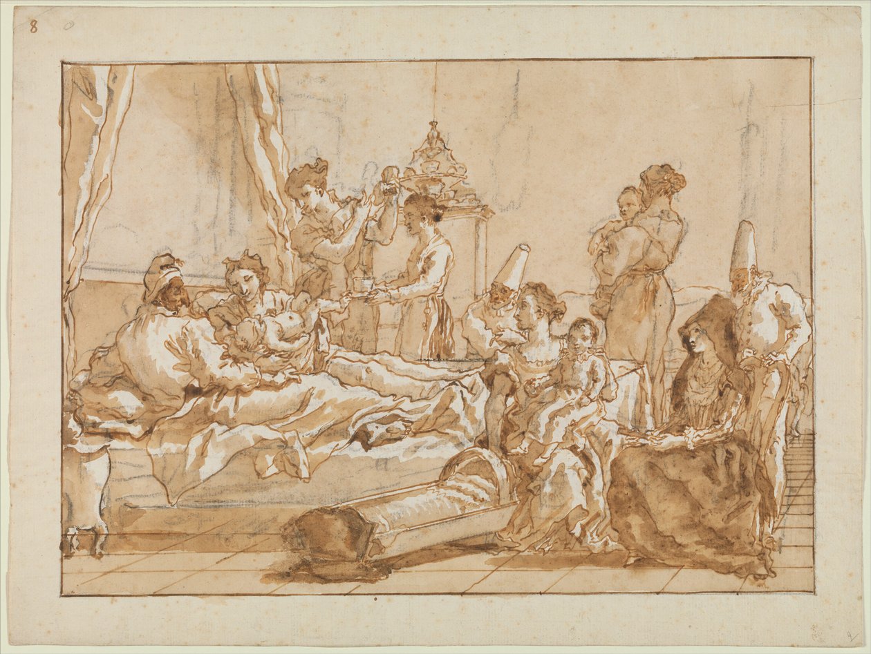 Spedbarnet Punchinello i seng med sine foreldre, ca. 1800 av Giovanni Battista Tiepolo