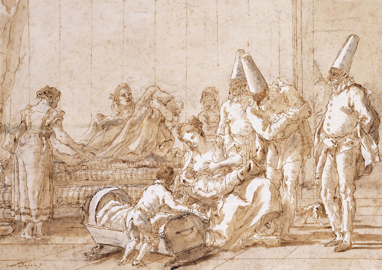 The Nursing of Punchinello, 1790-1804 av Giovanni Battista Tiepolo