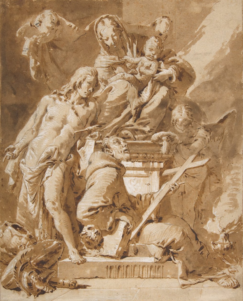 Jomfruen og barnet tronet med den hellige Sebastian og en fransiskanerhelgen, 1696-1770. av Giovanni Battista Tiepolo