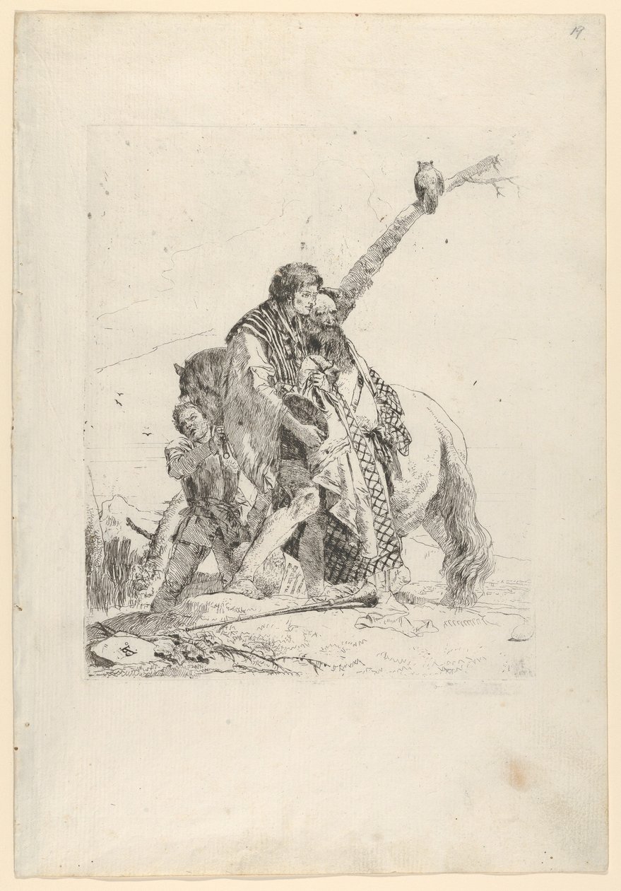 Tre menn som står ved siden av en hest, fra Scherzi, ca. 1740. av Giovanni Battista Tiepolo