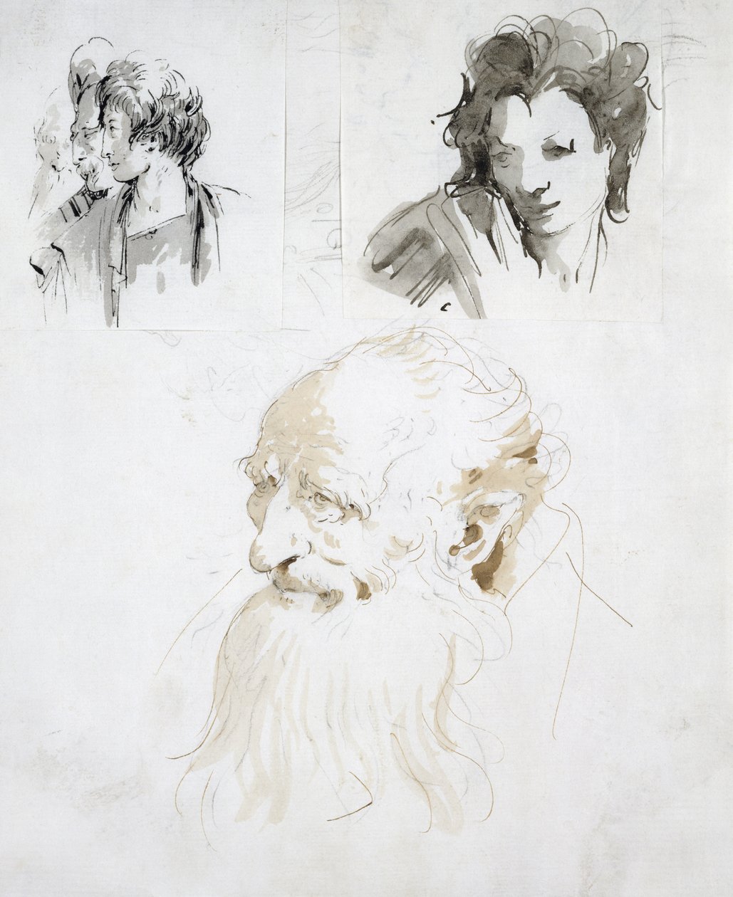 Tre studier av hoder (penn, blekk og vask på papir) av Giovanni Battista Tiepolo