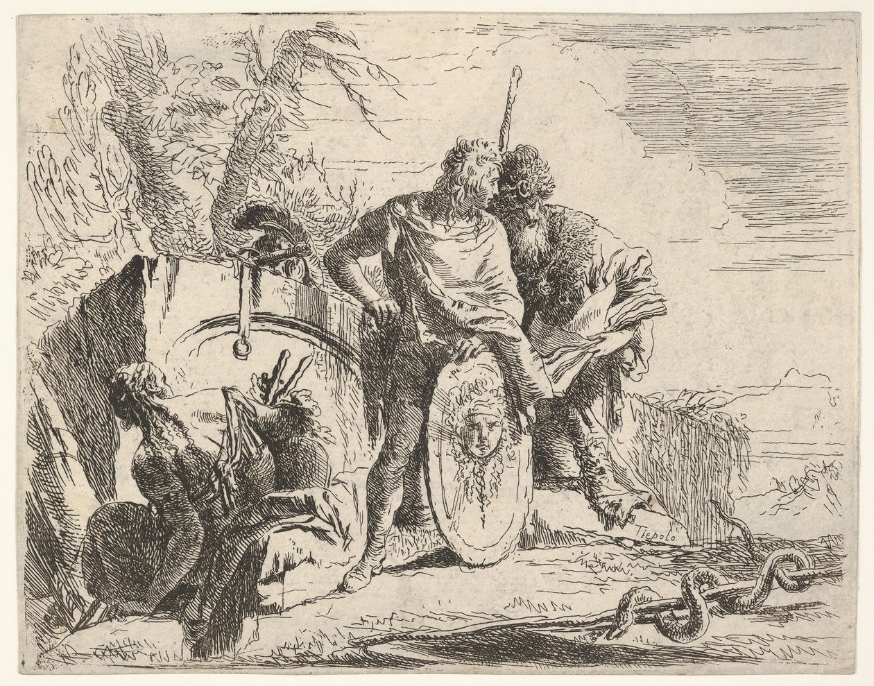 Tre figurer og en slange kveilet rundt en stav, omgitt av et landskap, ce..., 1700-tallet. av Giovanni Battista Tiepolo