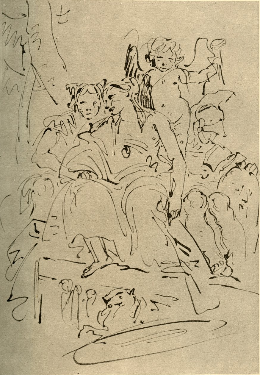 Two Women, Eros and a Soldier, midten av 1700-tallet, 1928 av Giovanni Battista Tiepolo