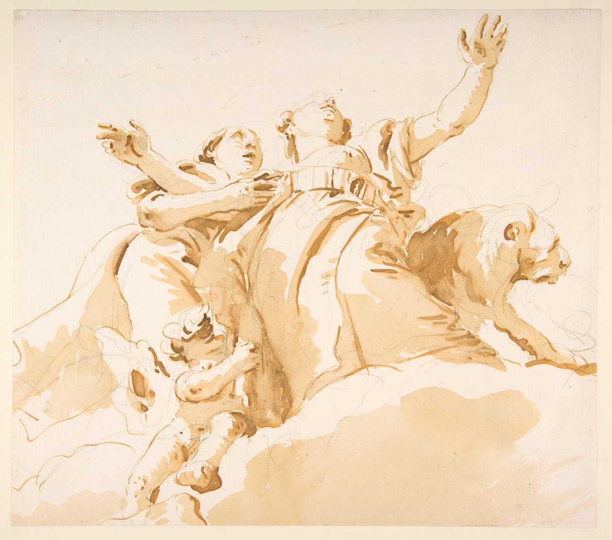 Zwei Frauen, ein Löwe und ein Putto auf Wolken av Giovanni Battista Tiepolo