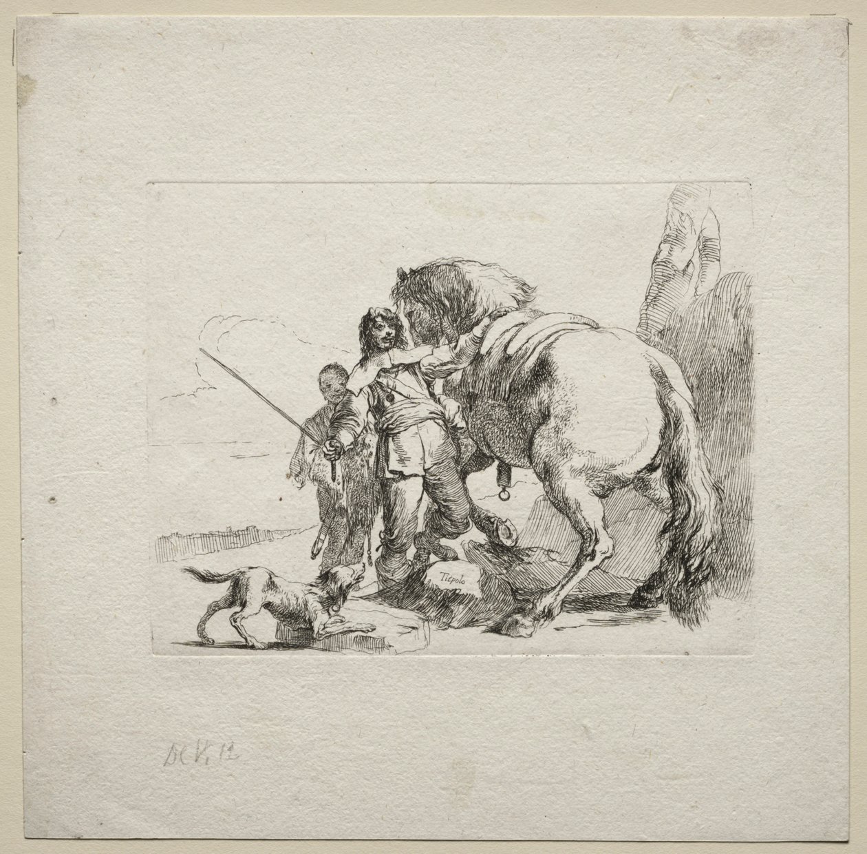Ulike Caprices: Cavalieren Mounting his Horse, 1785. av Giovanni Battista Tiepolo