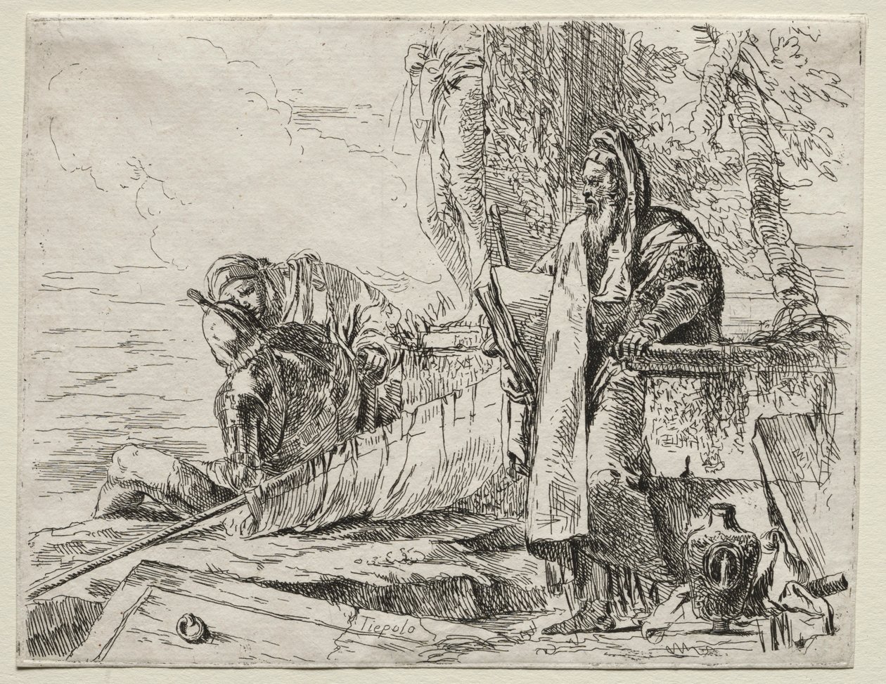 Ulike caprices: Filosofen som holder en bok. av Giovanni Battista Tiepolo