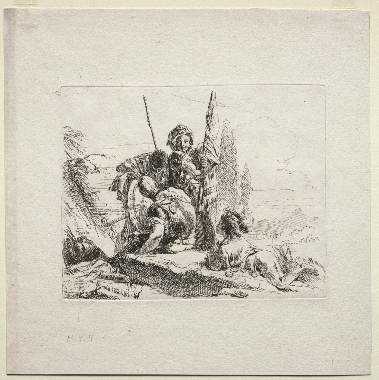 Ulike Caprices: The Three Soldiers and the Boy, 1785. av Giovanni Battista Tiepolo